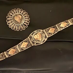 Vintage Mexican Serling Silver Filigee & Cooper Accent Bracelet & Brooch Set